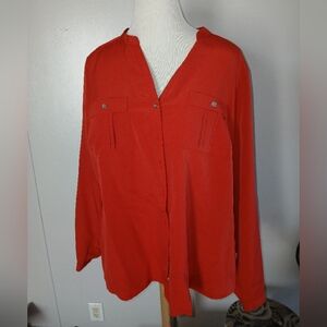 Elementz Rust Colored V-Neck Long Sleeve Button Down Shirt with Roll Tab Sleeves